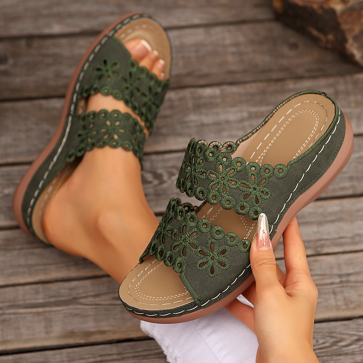 Hollow Embroidery Platform Slides with Built-In Arch Support & Slip On Convenience
