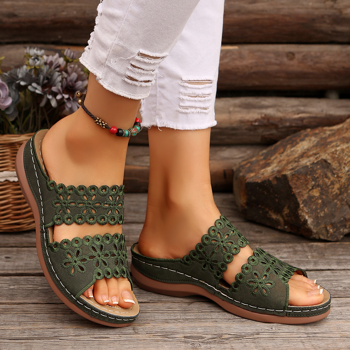 Hollow Embroidery Platform Slides with Built-In Arch Support & Slip On Convenience