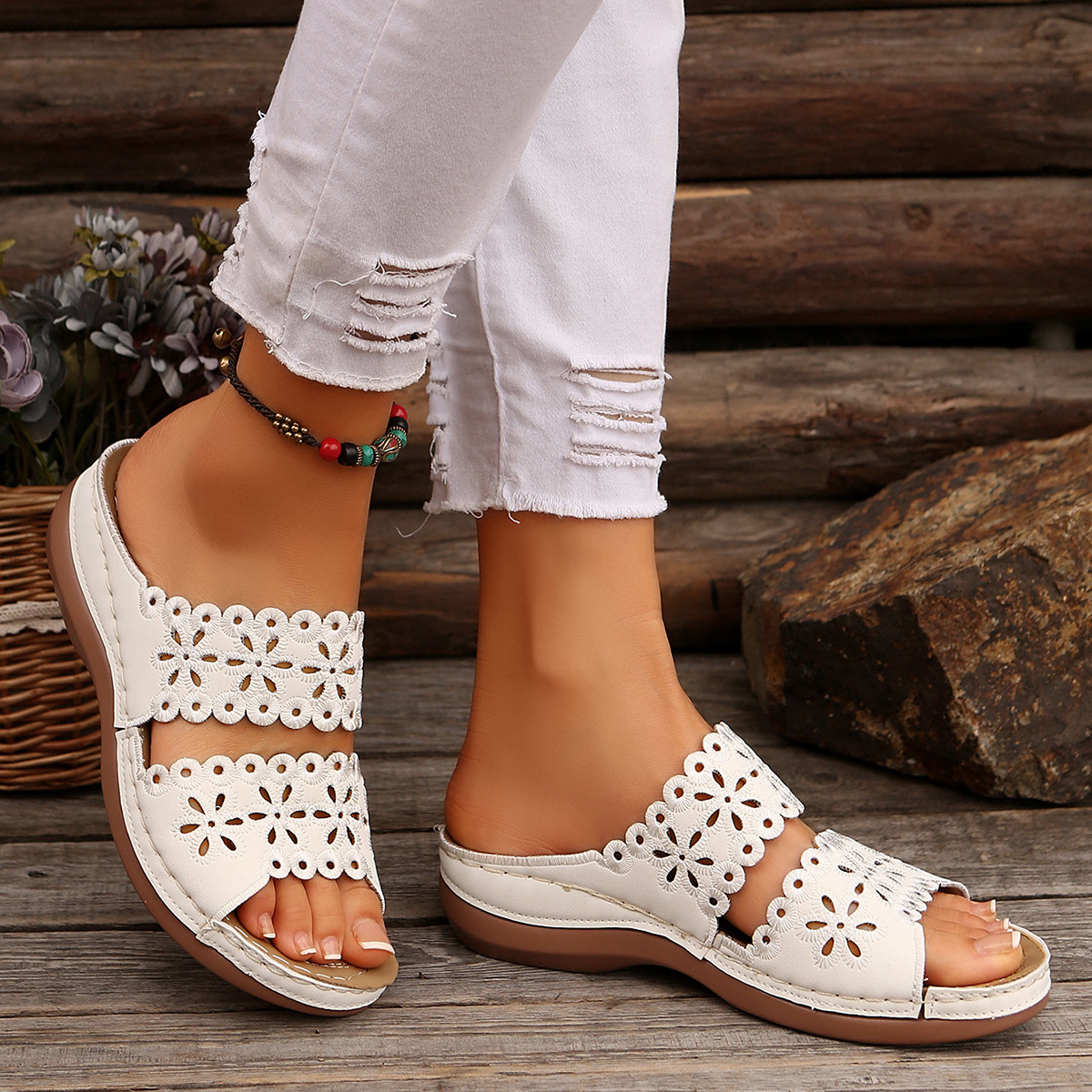 Hollow Embroidery Platform Slides with Built-In Arch Support & Slip On Convenience