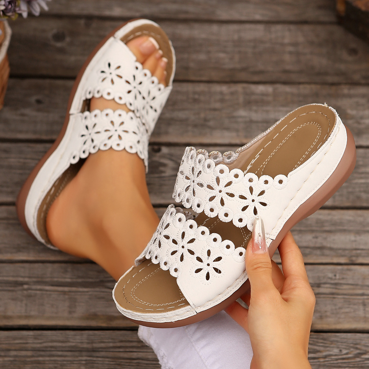Hollow Embroidery Platform Slides with Built-In Arch Support & Slip On Convenience