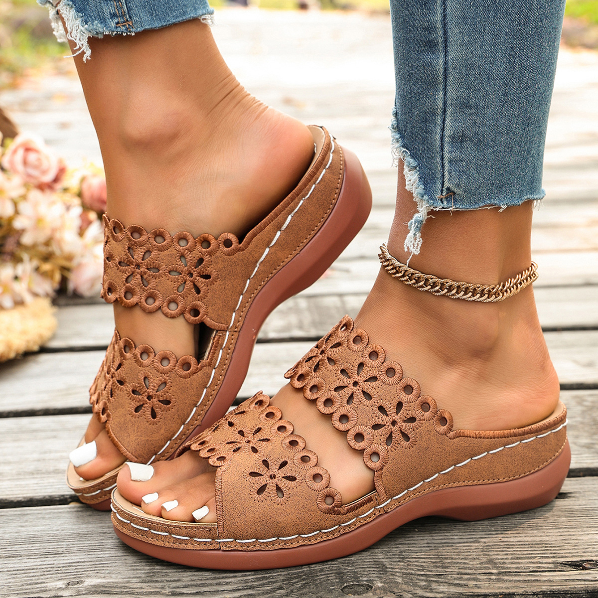 Hollow Embroidery Platform Slides with Built-In Arch Support & Slip On Convenience
