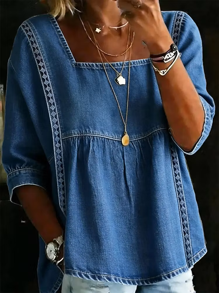WOMEN'S RETRO ART STYLISH CASUAL SQUARE COLLAR DENIM SHIRT