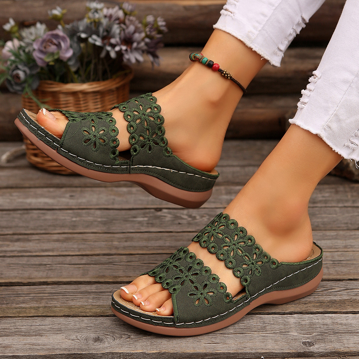 Hollow Embroidery Platform Slides with Built-In Arch Support & Slip On Convenience