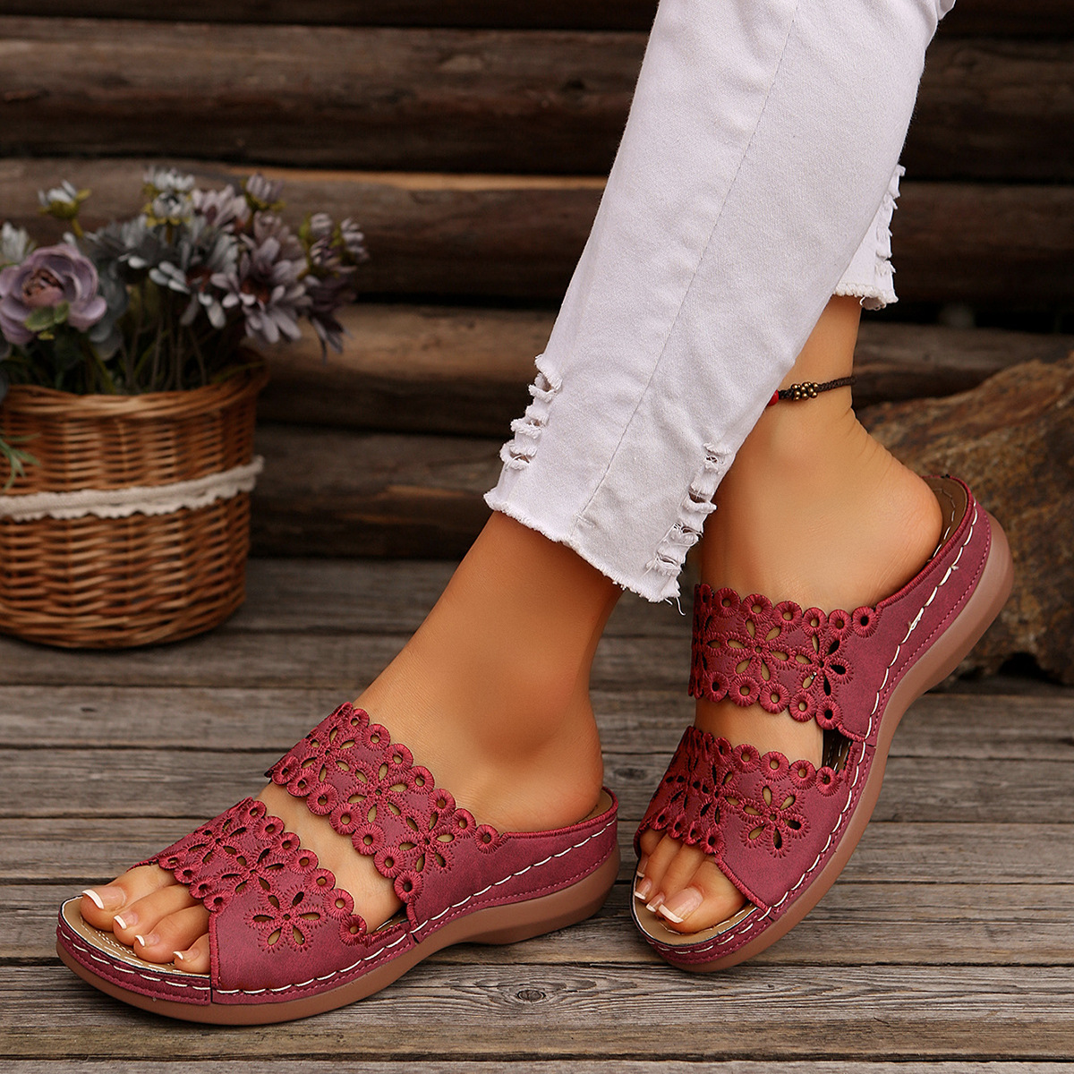 Hollow Embroidery Platform Slides with Built-In Arch Support & Slip On Convenience