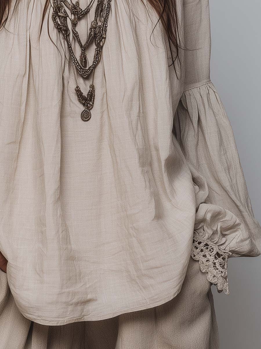 Elegant Lace Trim Pleated Blouse