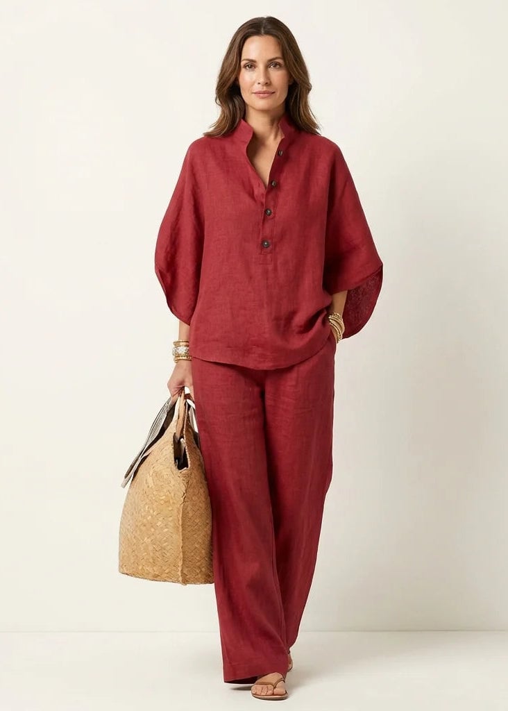 🔥Last Day 49% OFF🔥Women's Batwing Sleeve Two-Piece Set – Casual Shirt & Wide Leg Pants Outfit-aakge