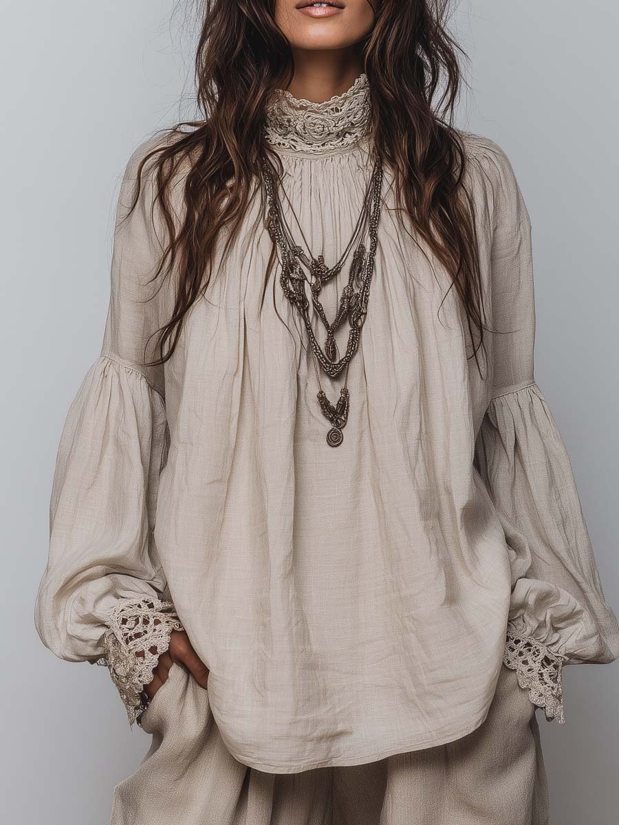 Elegant Lace Trim Pleated Blouse