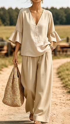 Women's Casual & Comfortable Two-Piece Set: V-Neck Top with Ruffle Sleeves and Wide-Leg Pants-aakge