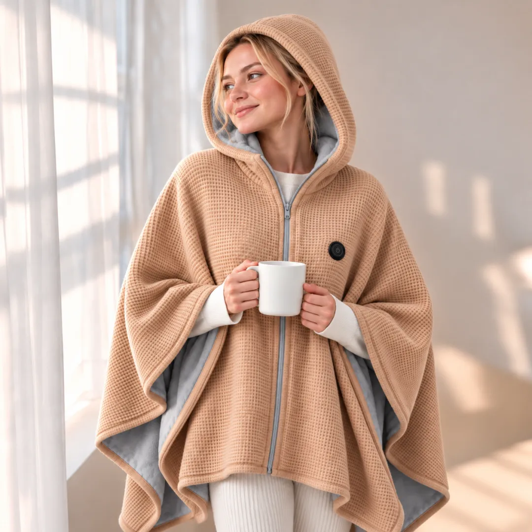 Model holding a mug by a window while wearing the beige hooded heated shawl