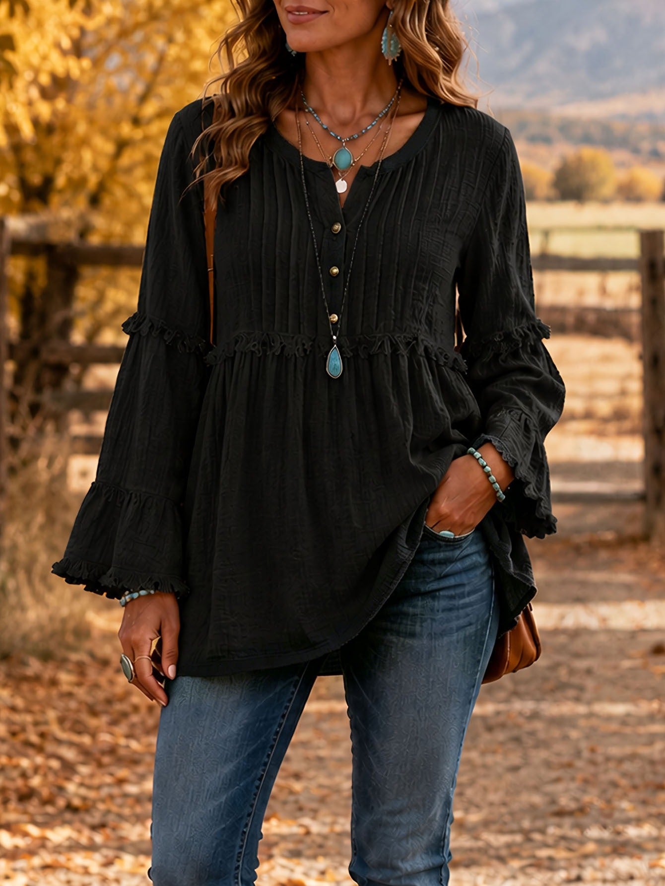 ❤️Women’s Casual Tunic Blouse with Long Sleeves & Button Detail