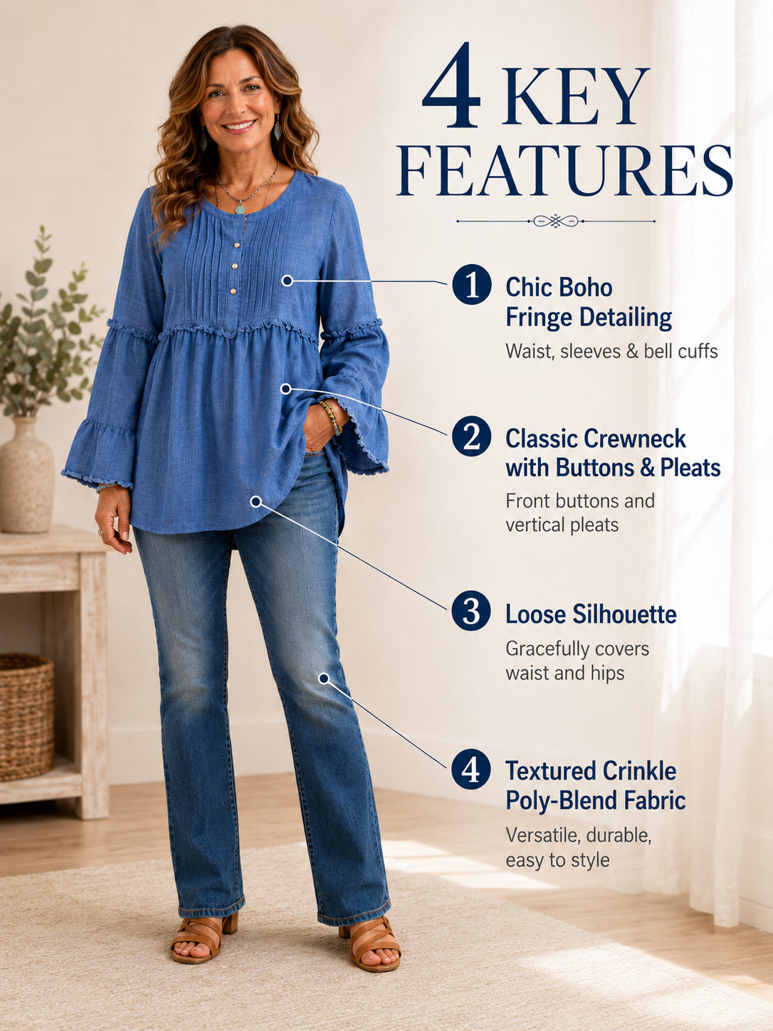 ❤️Women’s Casual Tunic Blouse with Long Sleeves & Button Detail