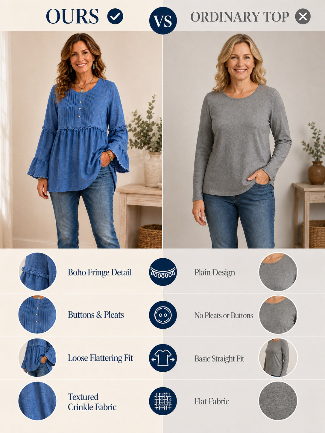 ❤️Women’s Casual Tunic Blouse with Long Sleeves & Button Detail