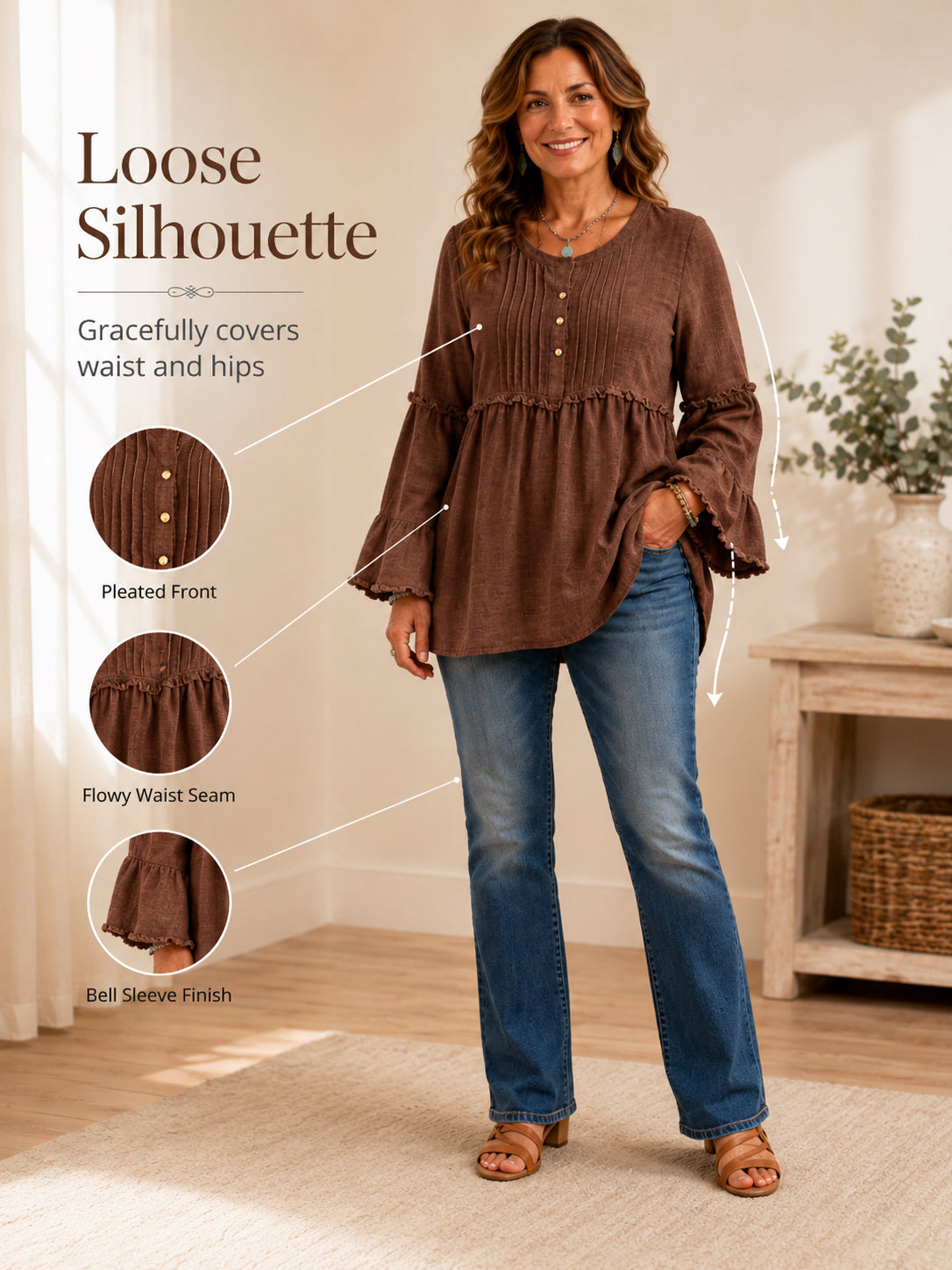 ❤️Women’s Casual Tunic Blouse with Long Sleeves & Button Detail