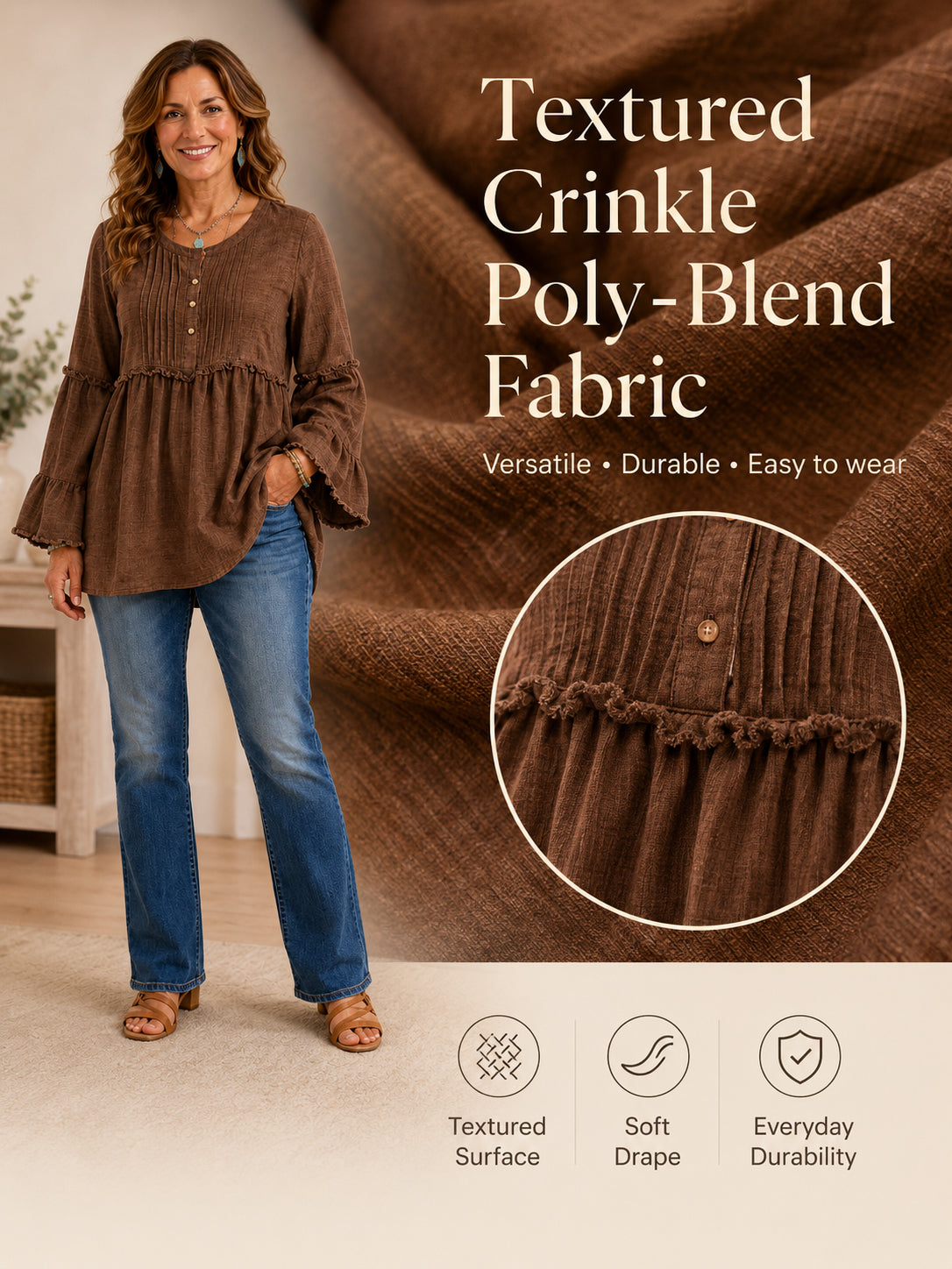 ❤️Women’s Casual Tunic Blouse with Long Sleeves & Button Detail