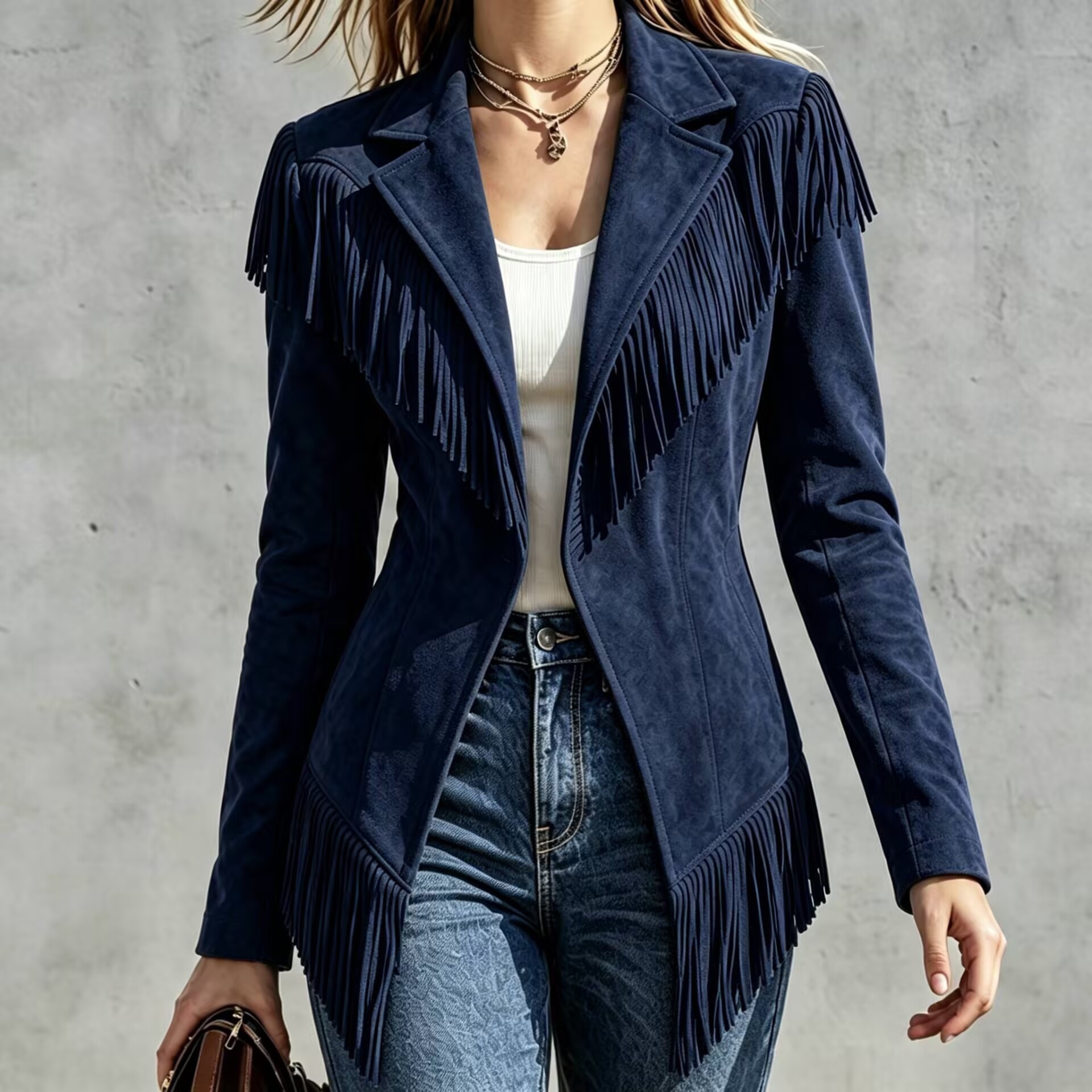 Women's Fringe Blazer Jacket – Elegant Western Style Suede Coat with Tassel Details