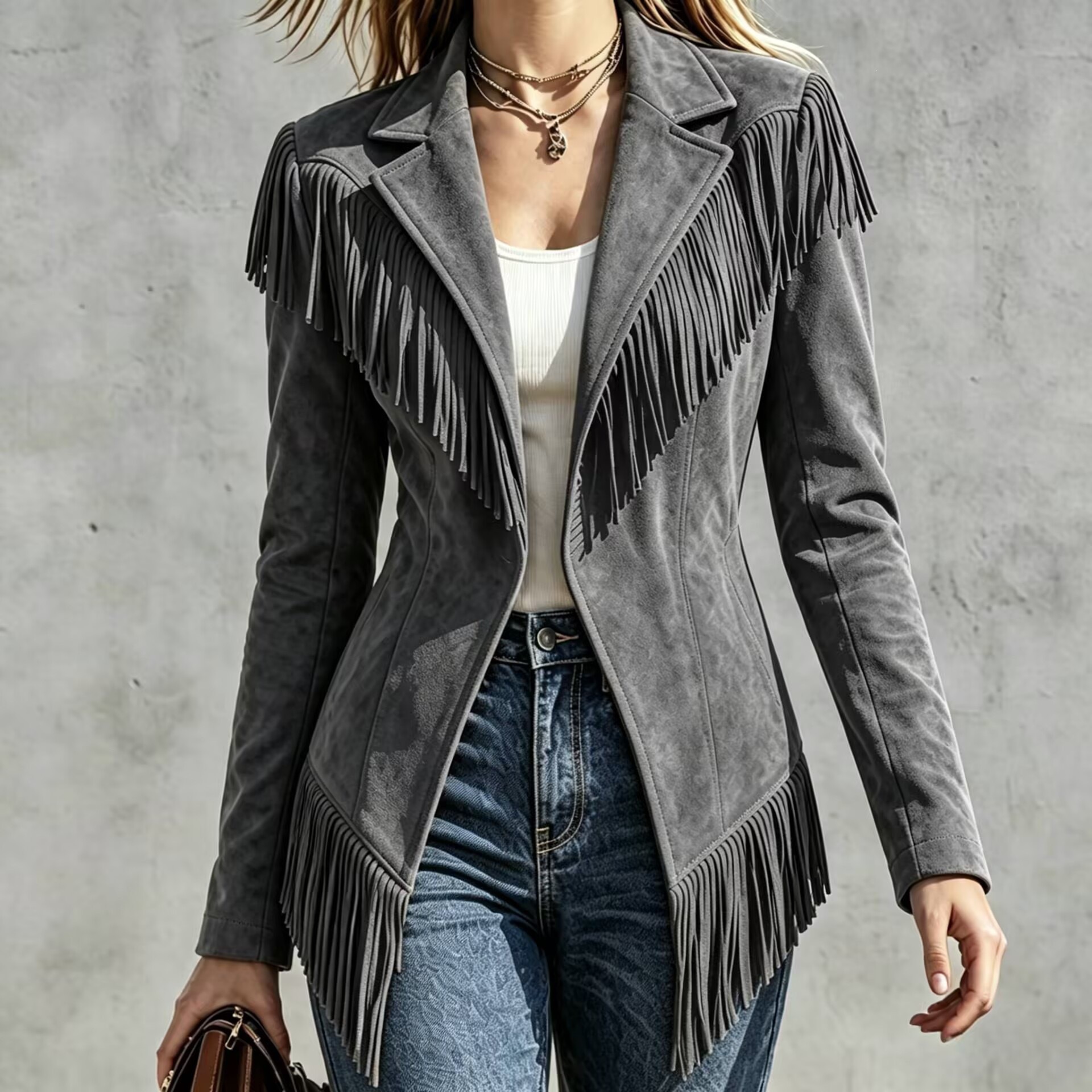 Women's Fringe Blazer Jacket – Elegant Western Style Suede Coat with Tassel Details