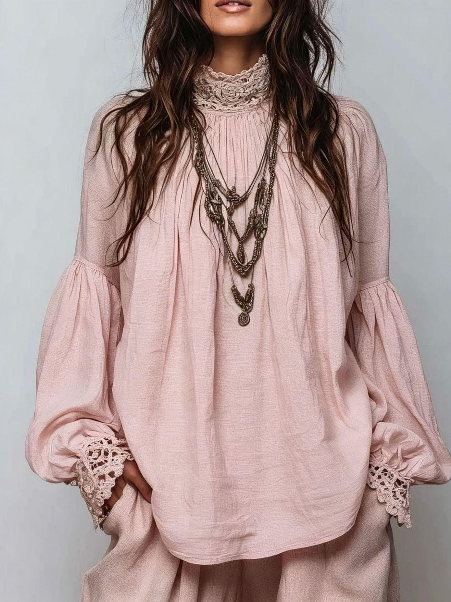 Elegant Lace Trim Pleated Blouse