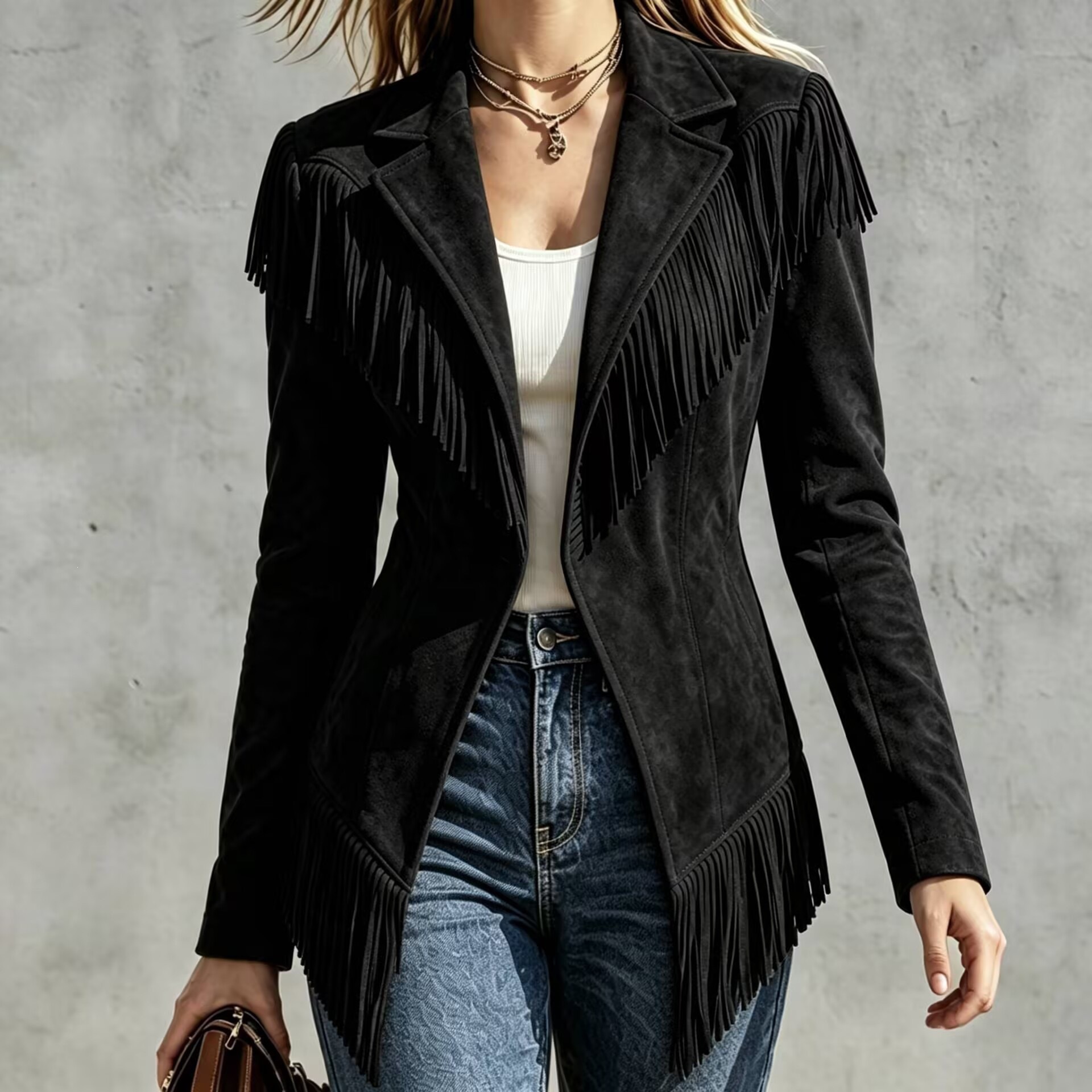 Women's Fringe Blazer Jacket – Elegant Western Style Suede Coat with Tassel Details
