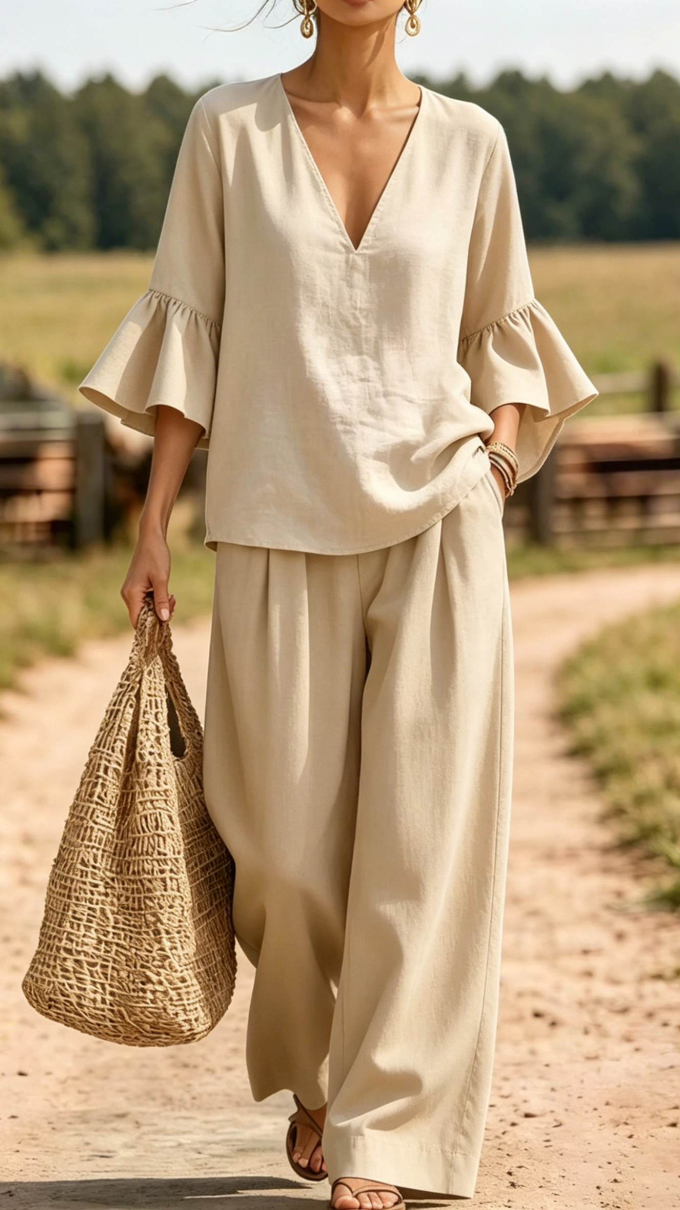 Women's Casual & Comfortable Two-Piece Set: V-Neck Top with Ruffle Sleeves and Wide-Leg Pants-aakge