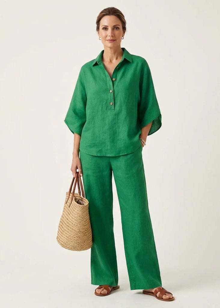 🔥Last Day 49% OFF🔥Women's Batwing Sleeve Two-Piece Set – Casual Shirt & Wide Leg Pants Outfit-aakge