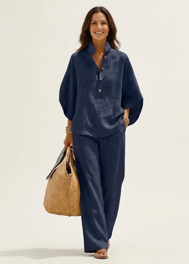 🔥Last Day 49% OFF🔥Women's Batwing Sleeve Two-Piece Set – Casual Shirt & Wide Leg Pants Outfit-aakge