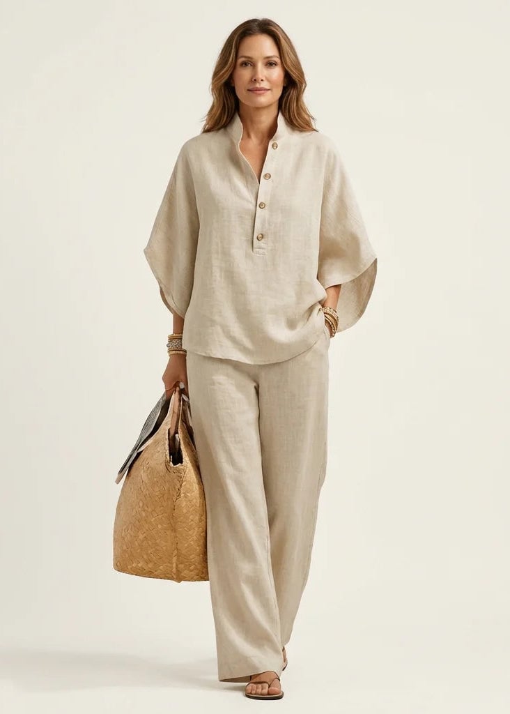 🔥Last Day 49% OFF🔥Women's Batwing Sleeve Two-Piece Set – Casual Shirt & Wide Leg Pants Outfit-aakge