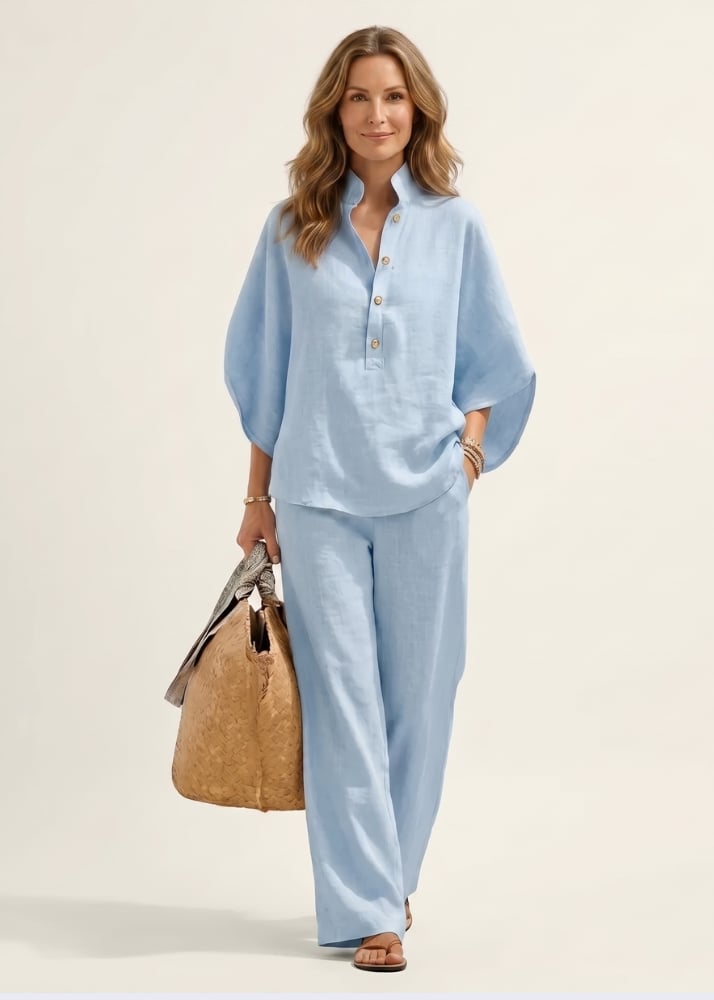 🔥Last Day 49% OFF🔥Women's Batwing Sleeve Two-Piece Set – Casual Shirt & Wide Leg Pants Outfit-aakge