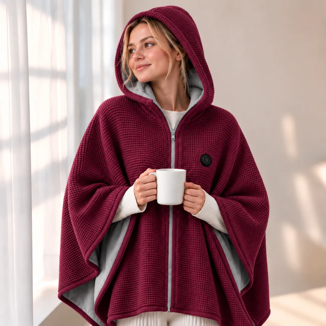 Model wearing the Wine Red heated shawl with the hood up