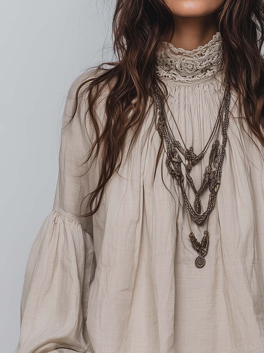 Elegant Lace Trim Pleated Blouse