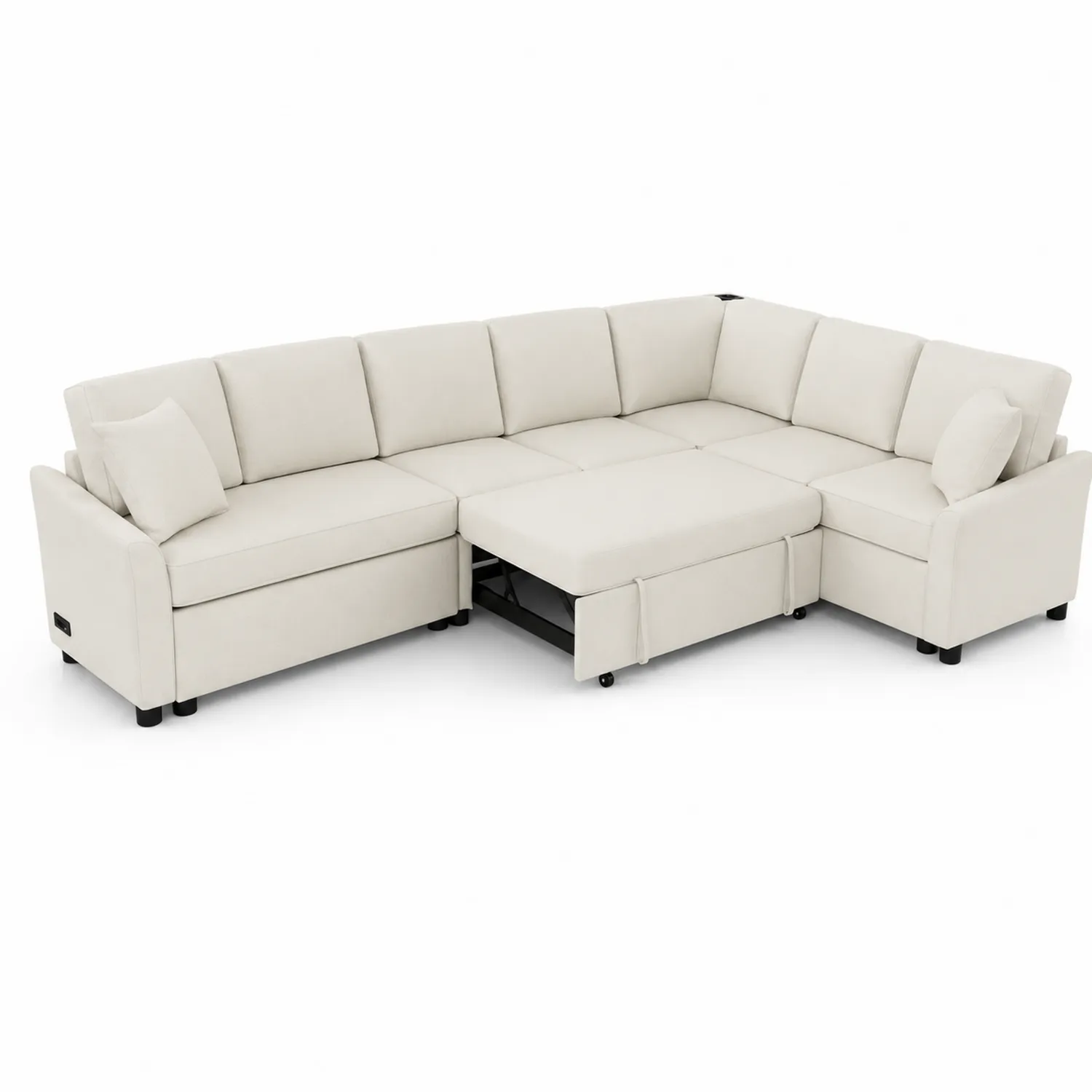 Sofa narożna z funkcją spania kremowa tkanina poliester-caviranest