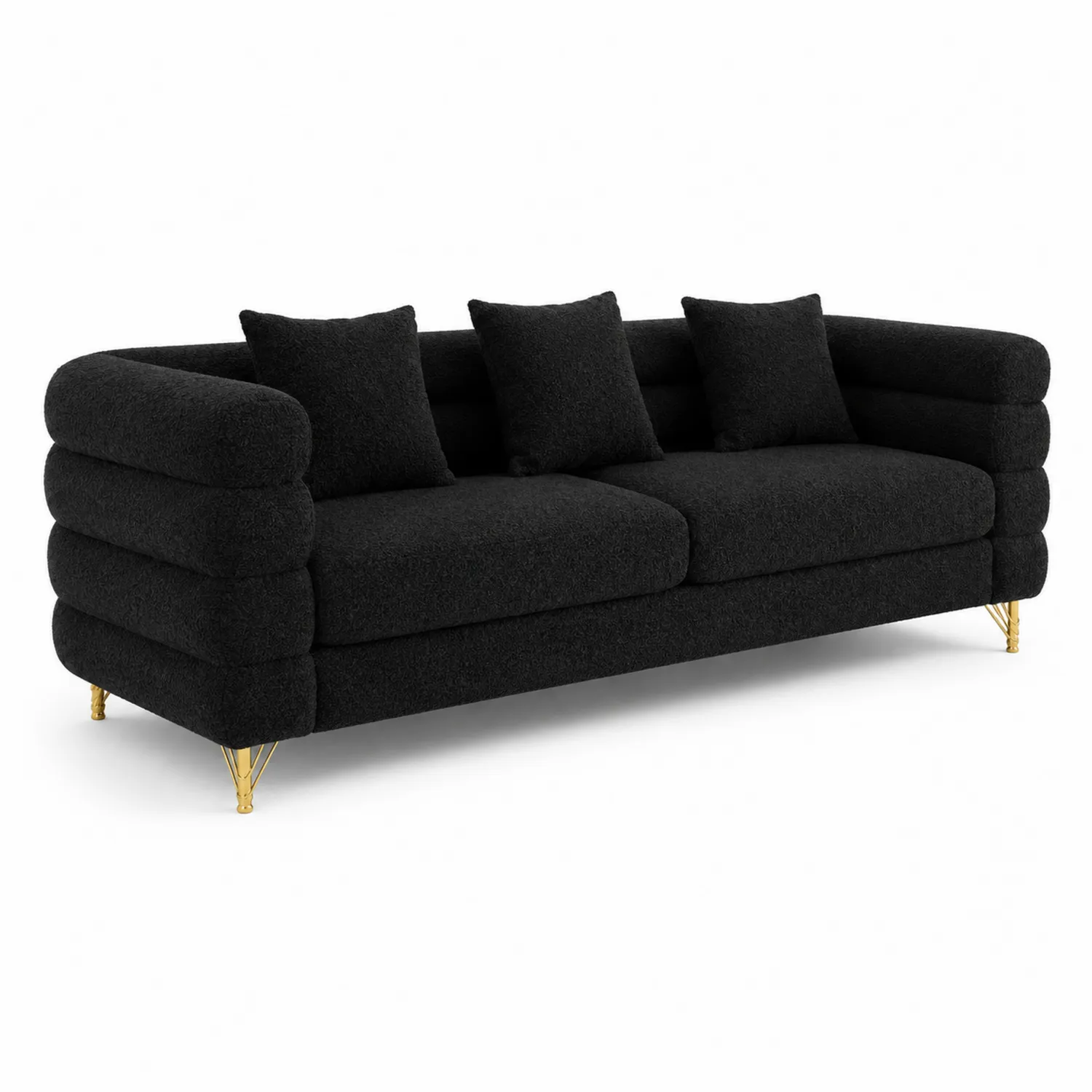 Sofa trzyosobowa z tkaniny boucle czarna, metalowe nogi-caviranest
