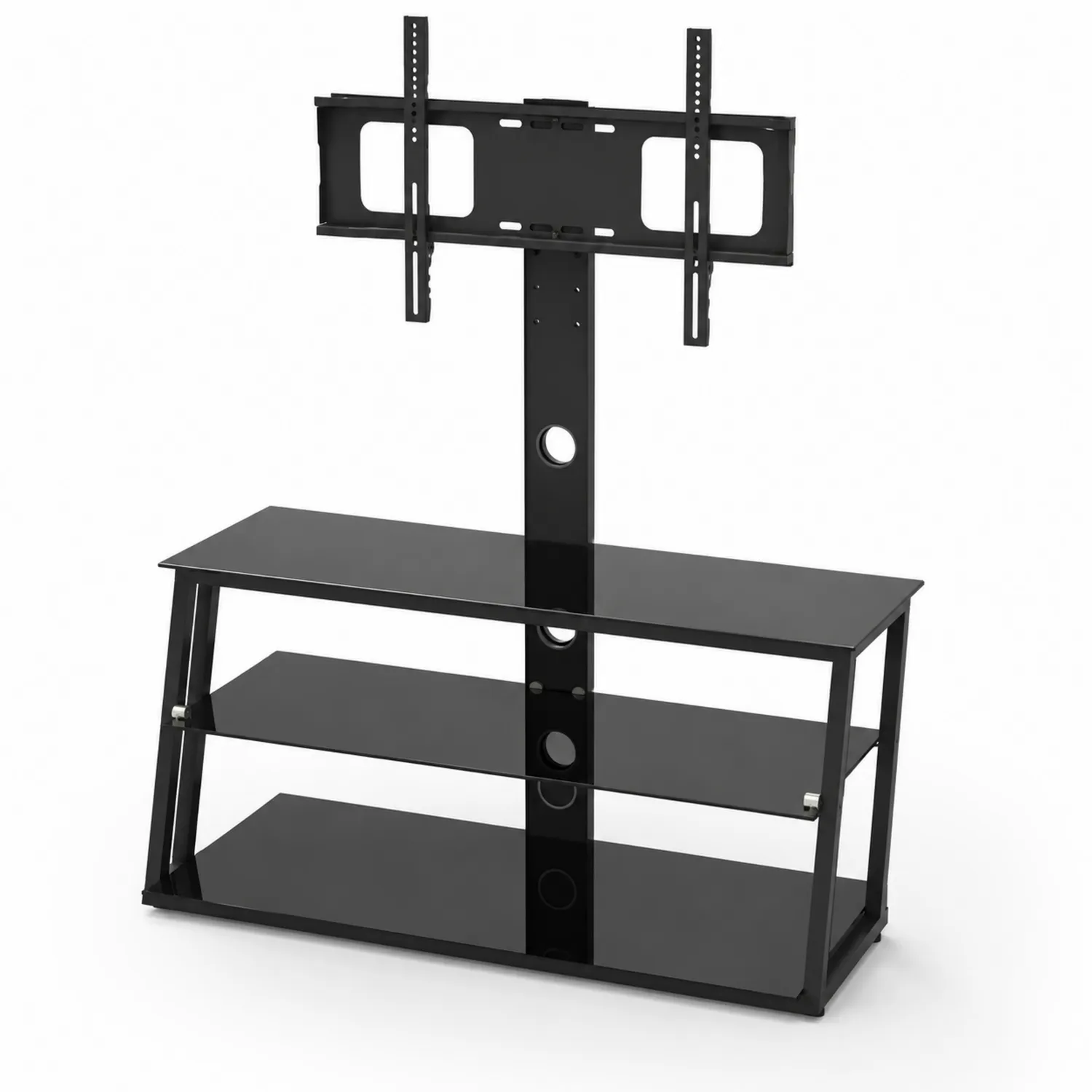 Czarny stolik RTV z uchwytem, metal i szkło hartowane, 120x40x115 cm