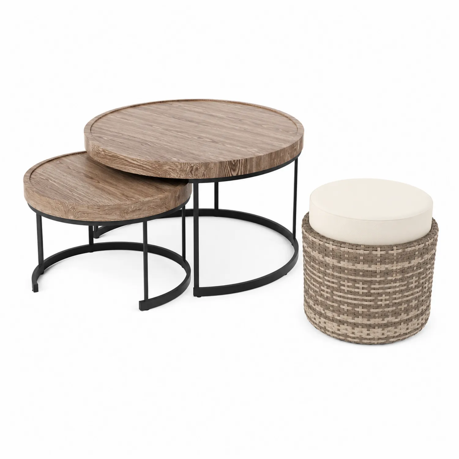 Zestaw stolików kawowych okrągłych drewno metal rattan