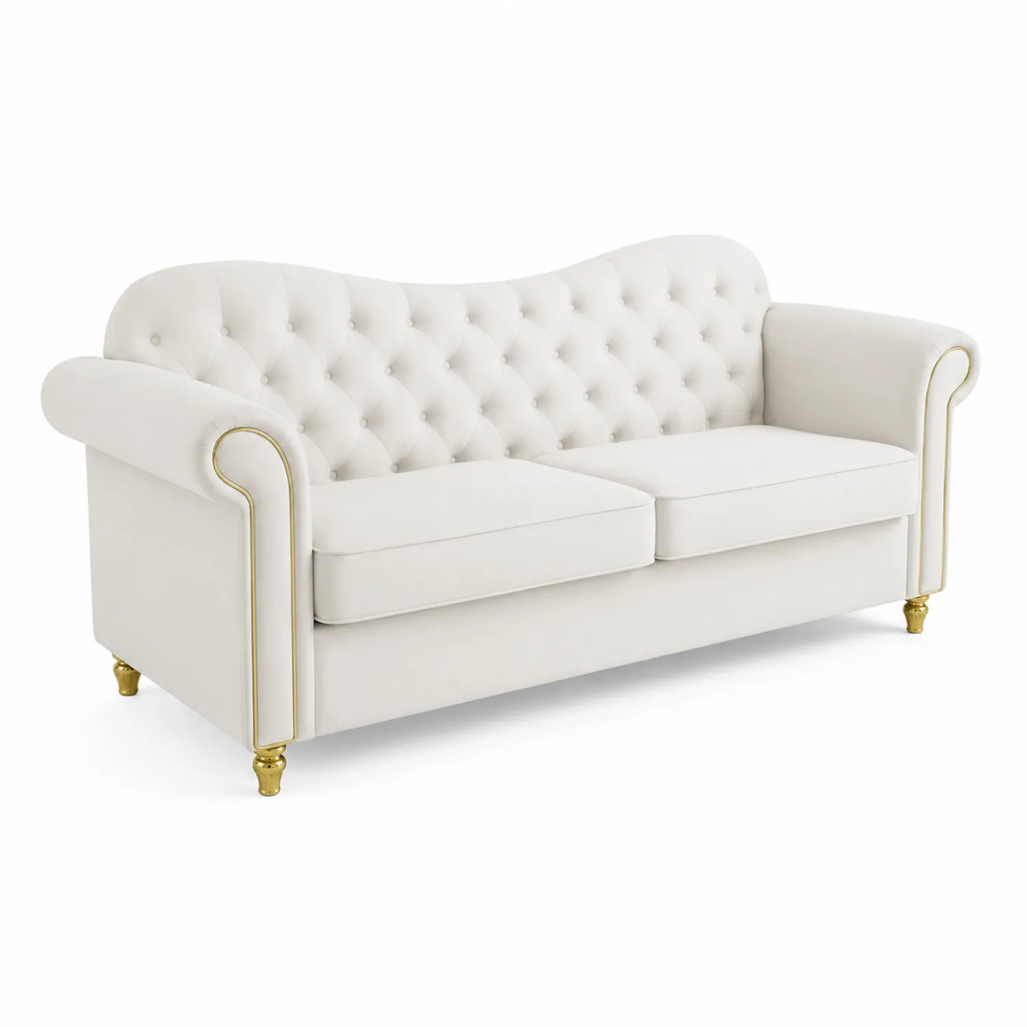 Kremowa sofa 3-osobowa z weluru z złotymi nogami