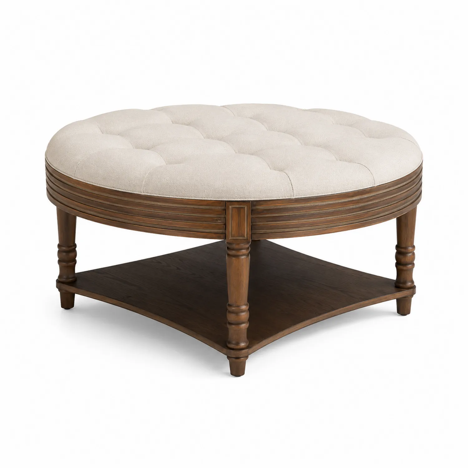Okrągła pufa z półką, kremowa tapicerka, drewno dębowe