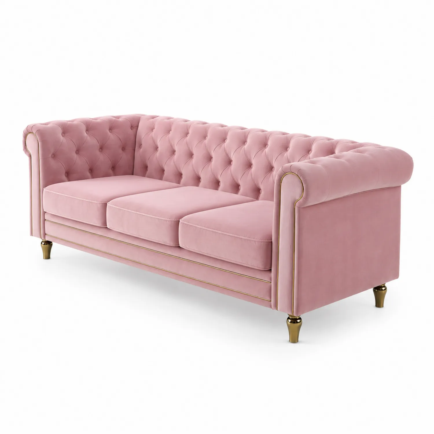 Różowa sofa 3-osobowa aksamitna z metalowymi nogami