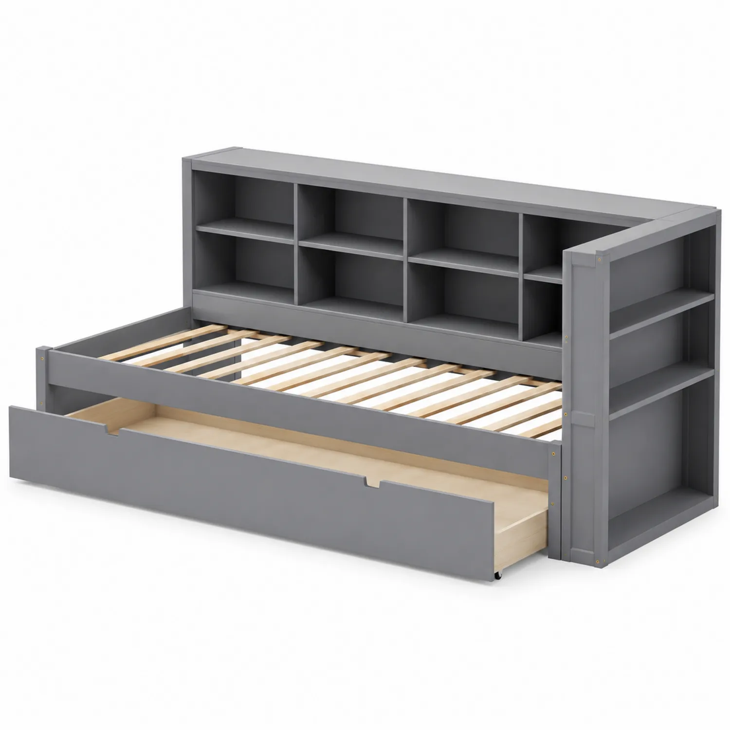 Łóżko z szufladą i półkami szare 200x90 cm drewno sosnowe i MDF