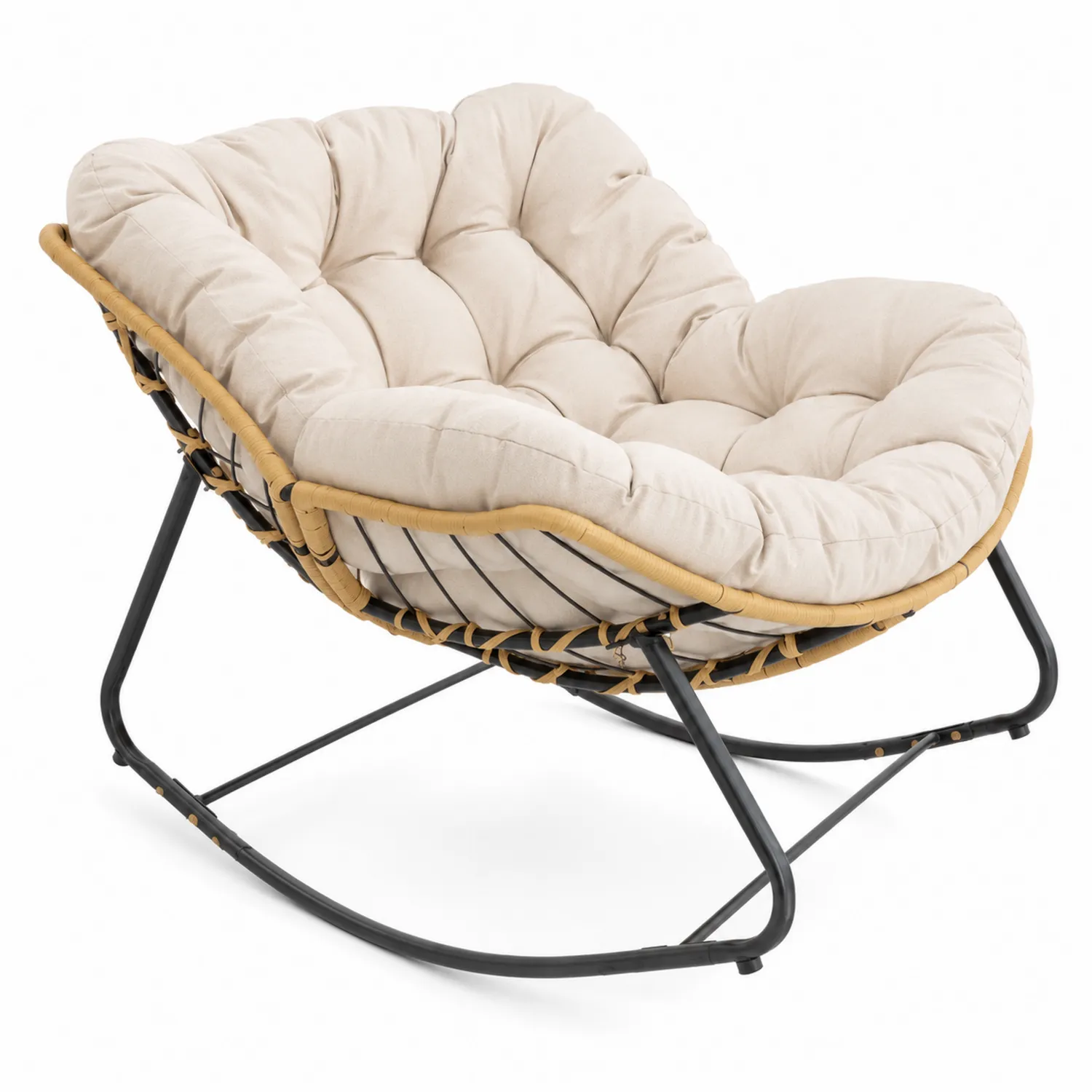 Fotel bujany z poduszką bawełnianą, metal i rattan, Beżowy