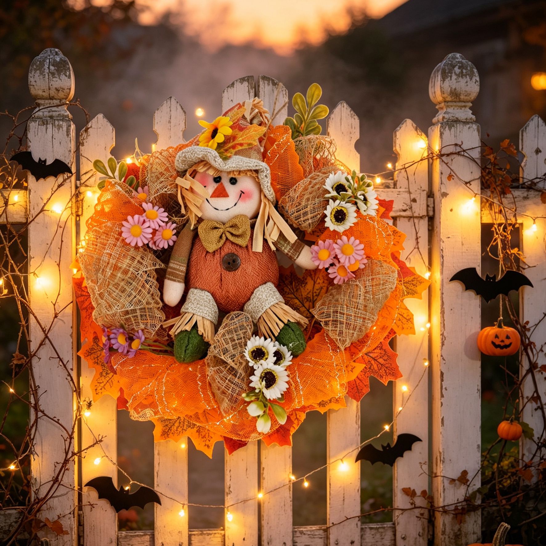 🎃Halloween Scarecrow Wreath with LED Lights – Cozy Fall Front Door Decoration