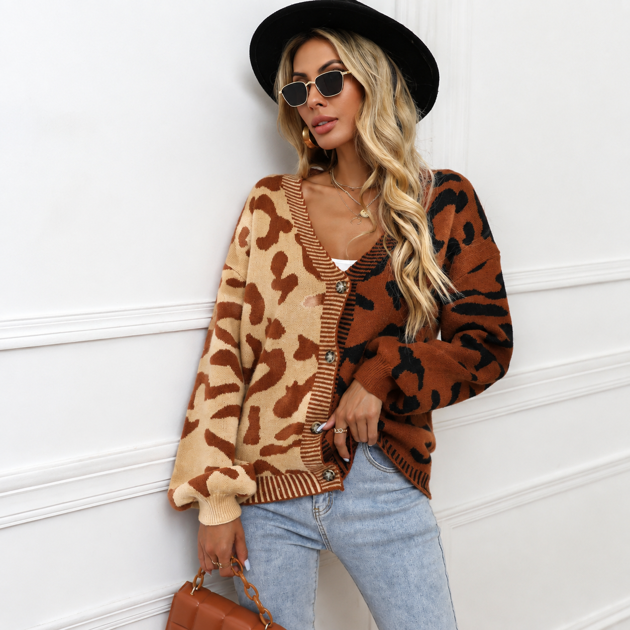 Women's Leopard Print Color Block Button Knit Cardigan