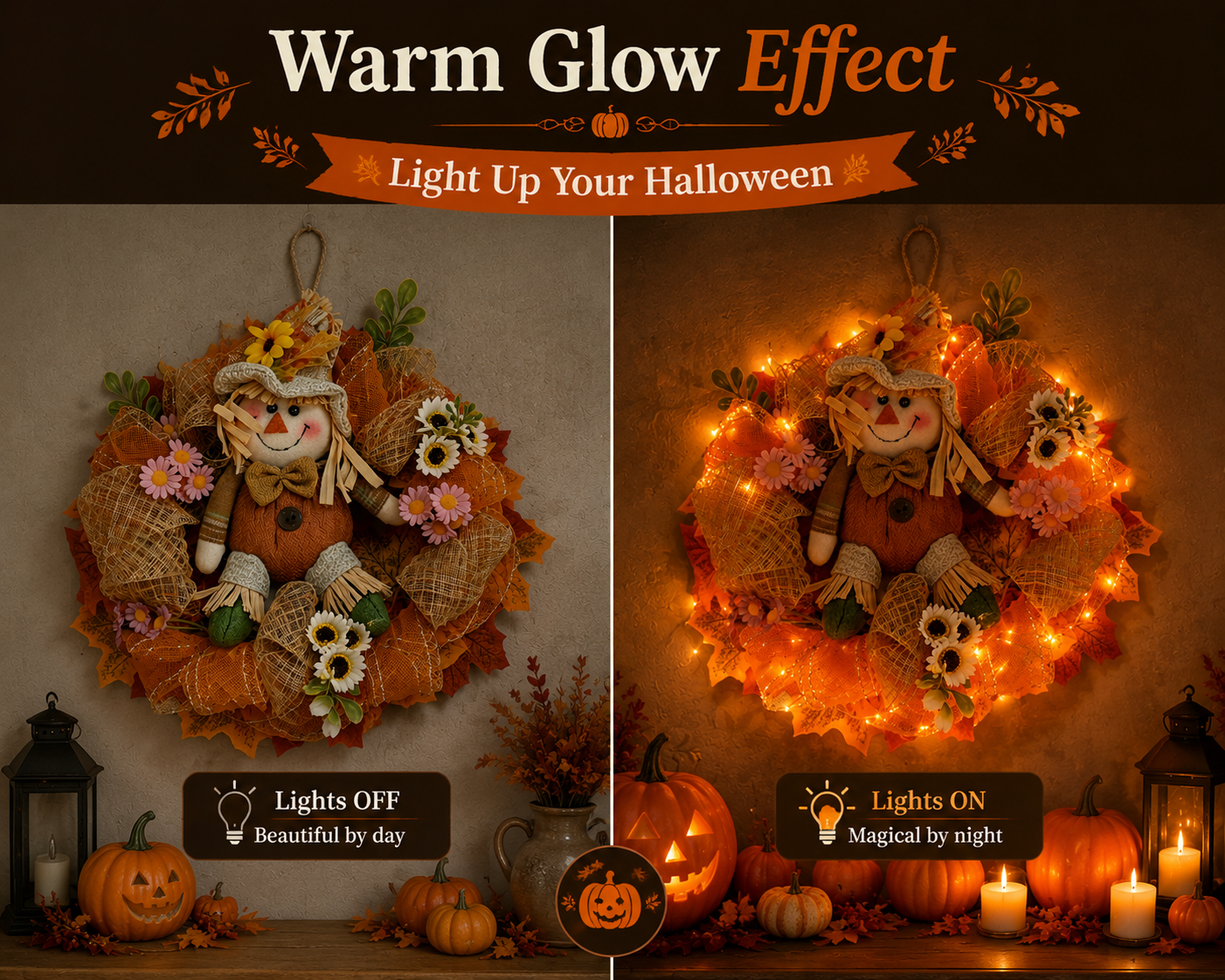 🎃Halloween Scarecrow Wreath with LED Lights – Cozy Fall Front Door Decoration