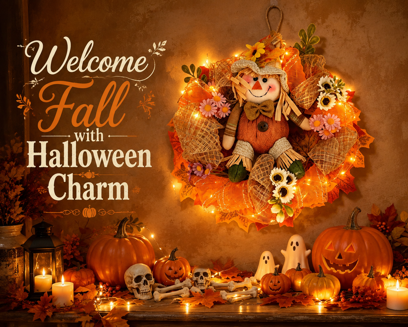 🎃Halloween Scarecrow Wreath with LED Lights – Cozy Fall Front Door Decoration