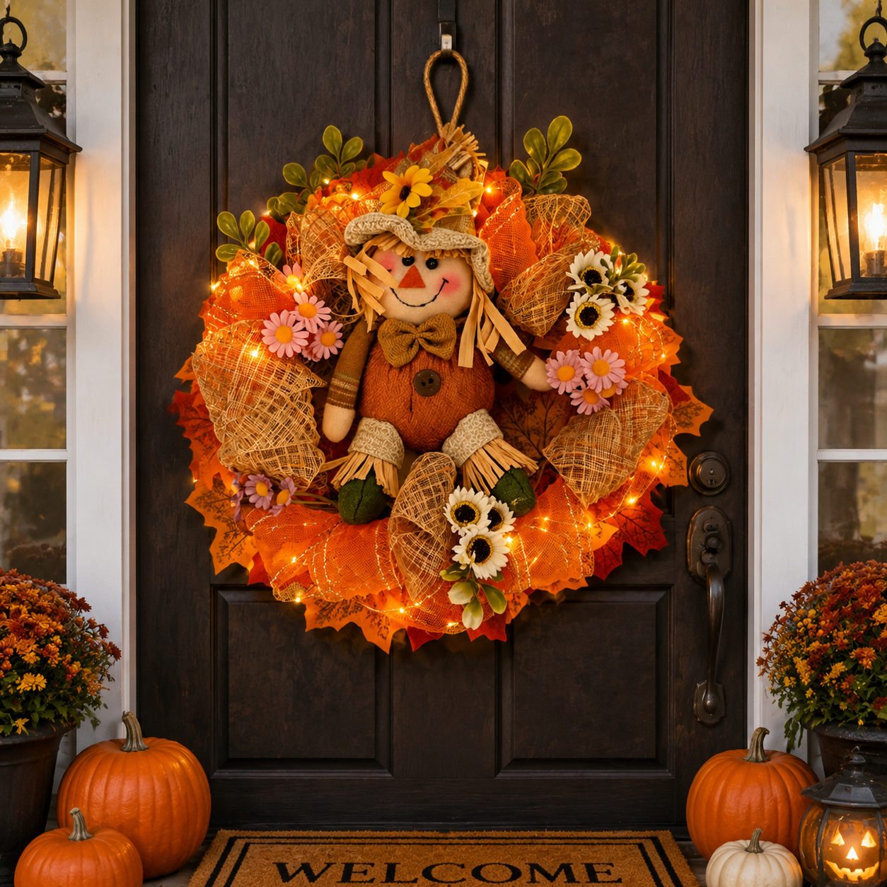 🎃Halloween Scarecrow Wreath with LED Lights – Cozy Fall Front Door Decoration