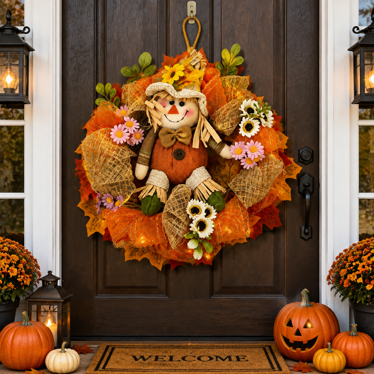 🎃Halloween Scarecrow Wreath with LED Lights – Cozy Fall Front Door Decoration