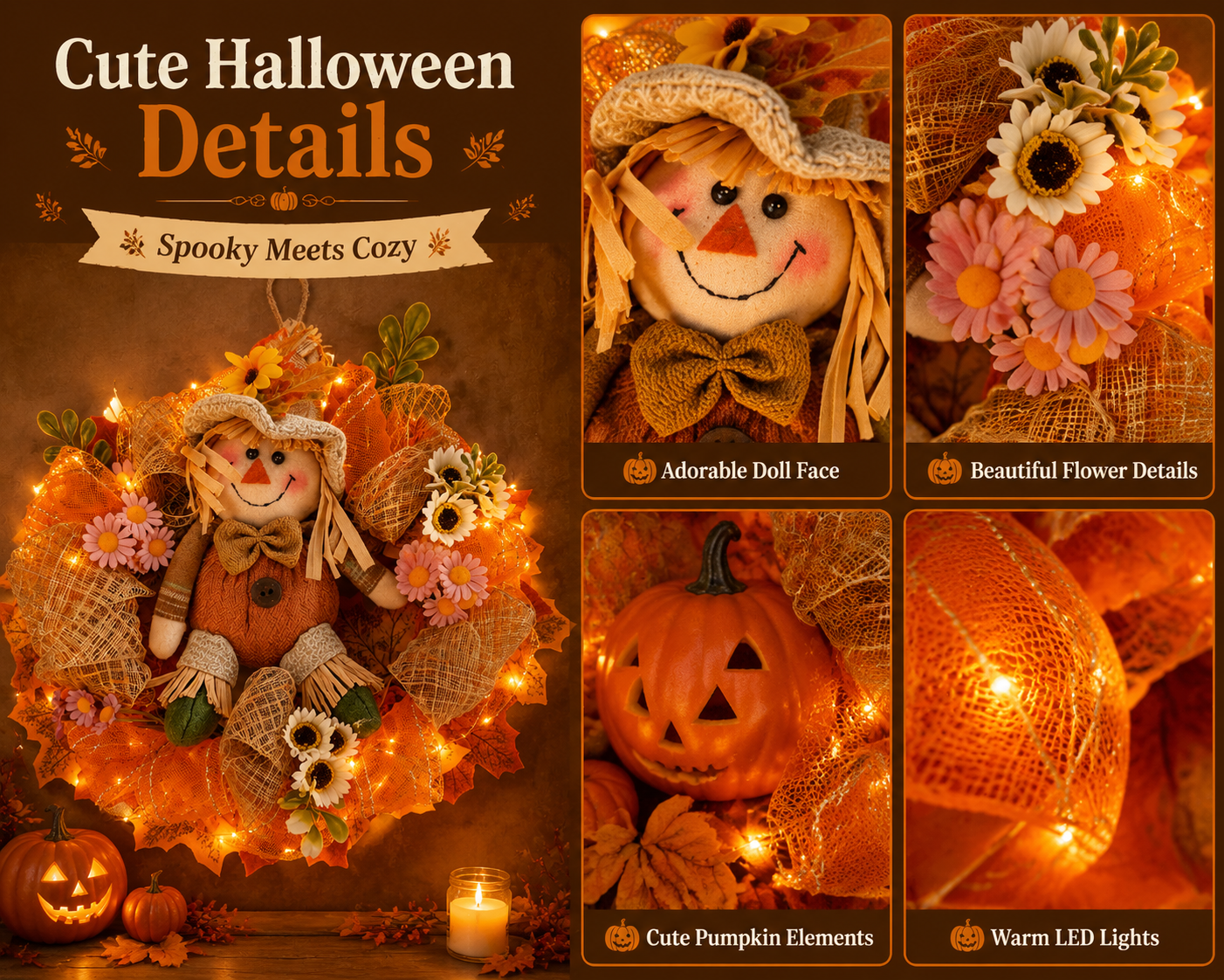 🎃Halloween Scarecrow Wreath with LED Lights – Cozy Fall Front Door Decoration