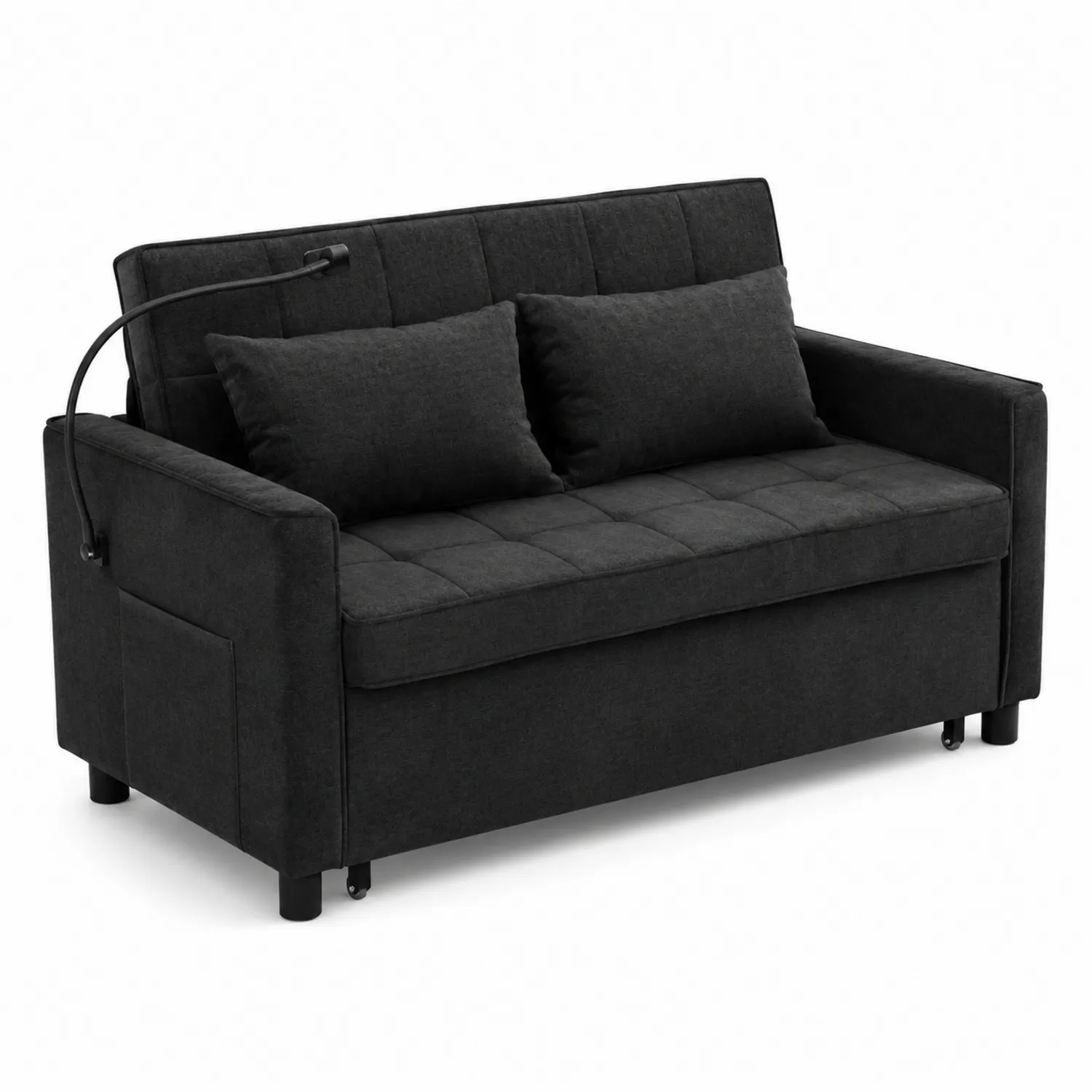 Sofa rozkładana z tkaniny lnianej z poduszkami i lampą, Czarny-Velessanest