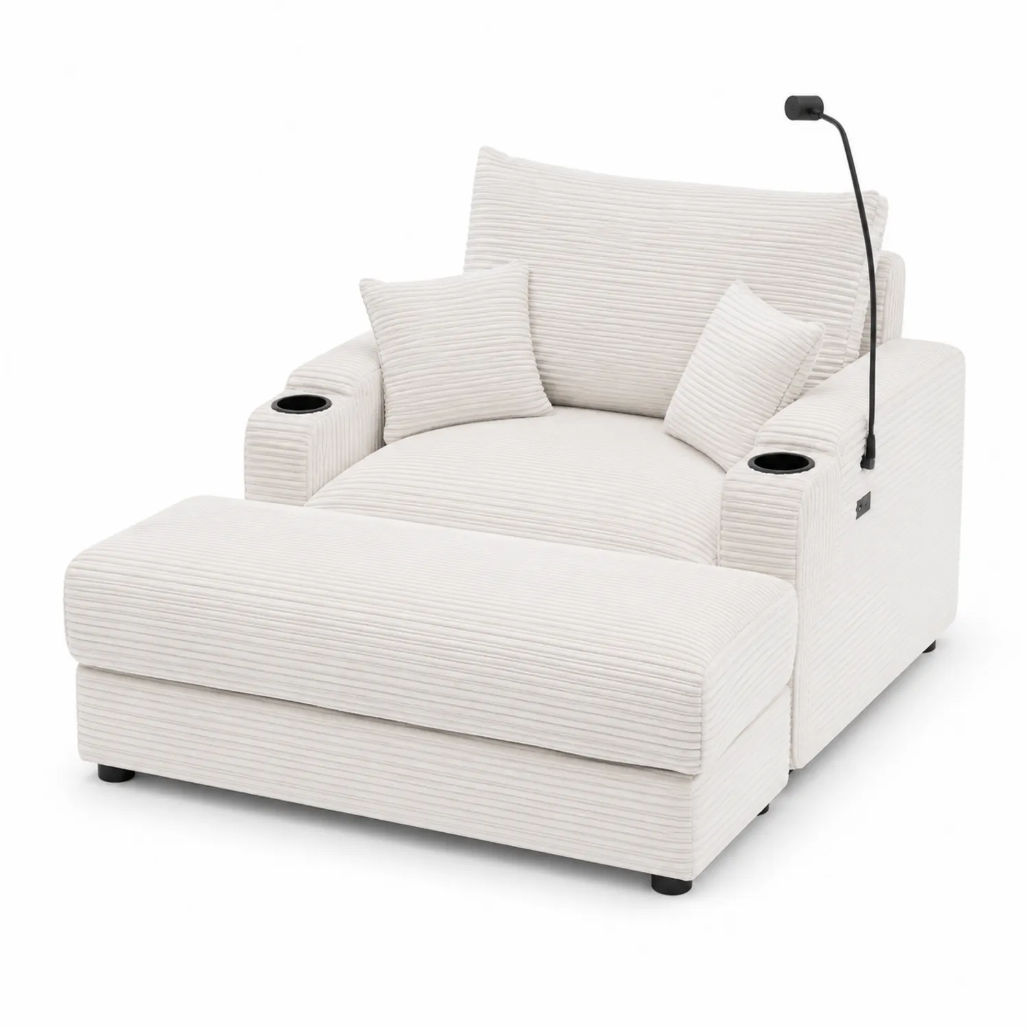 Kremowa sofa z leżanką z sztruksu z lampką LED i uchwytami na kubki-Velessanest