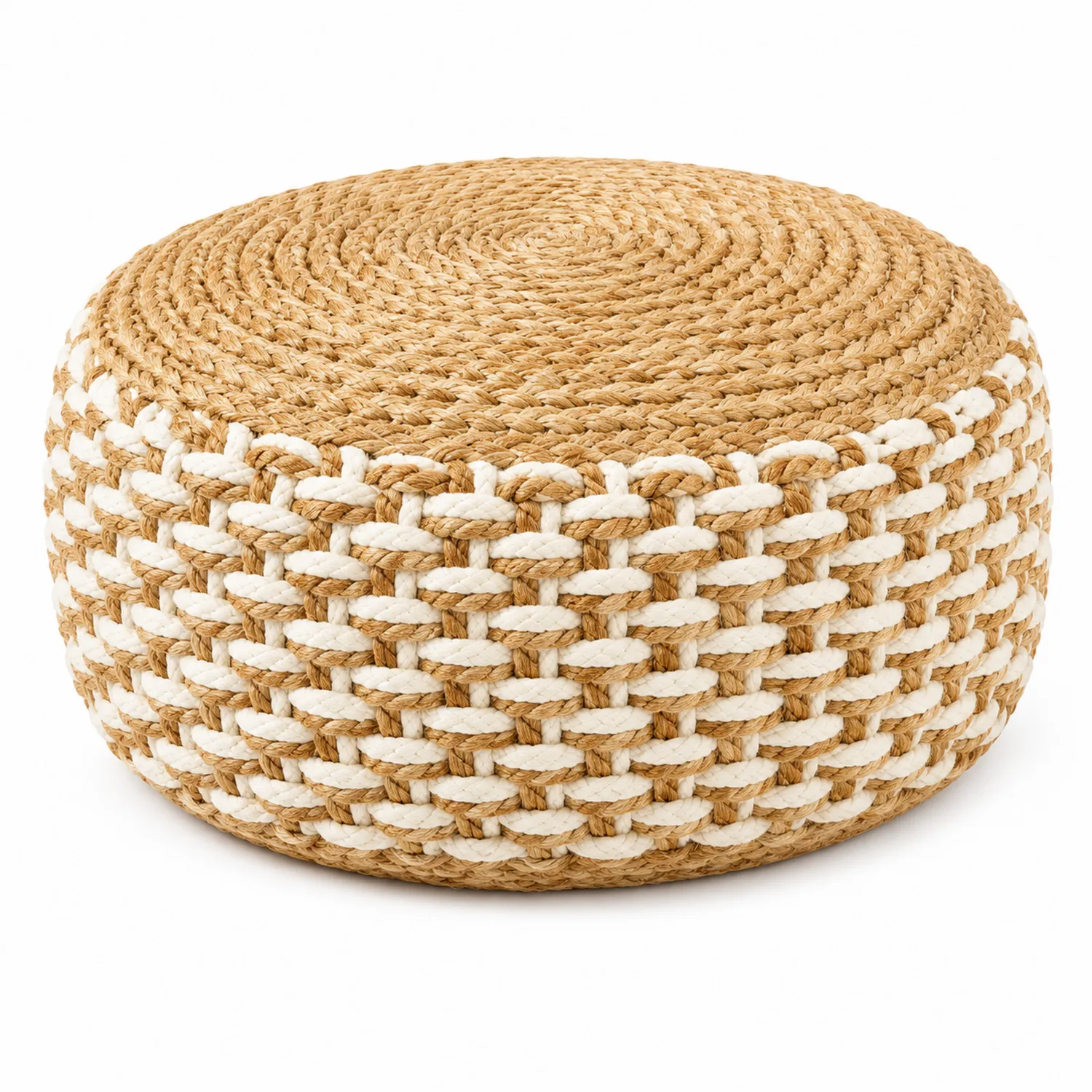 Okrągła Pufa z Juty i Bawełny Beżowo-Biała 30 cm-Velessanest