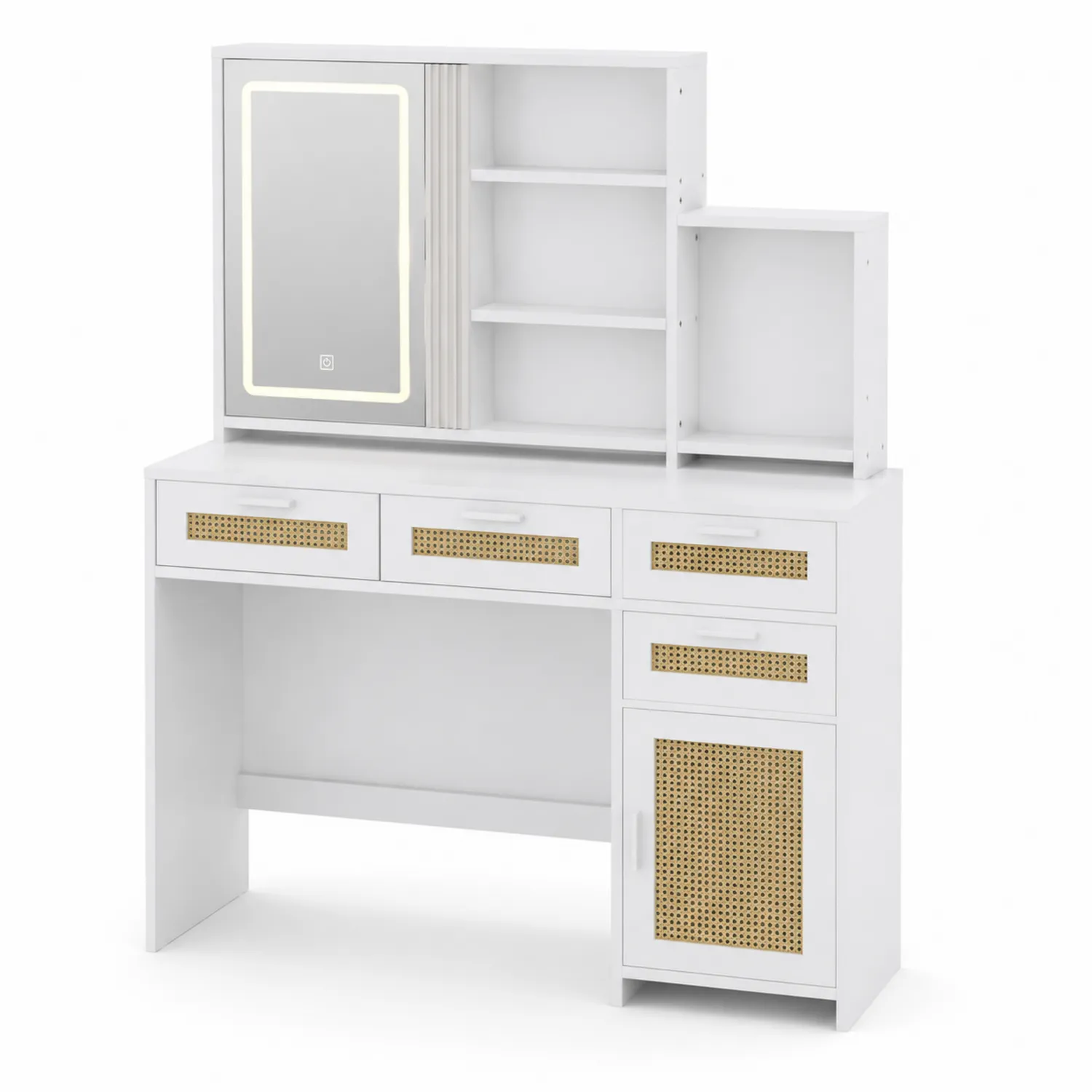 Toaletka z lustrem LED biała MDF i rattan-Velessanest