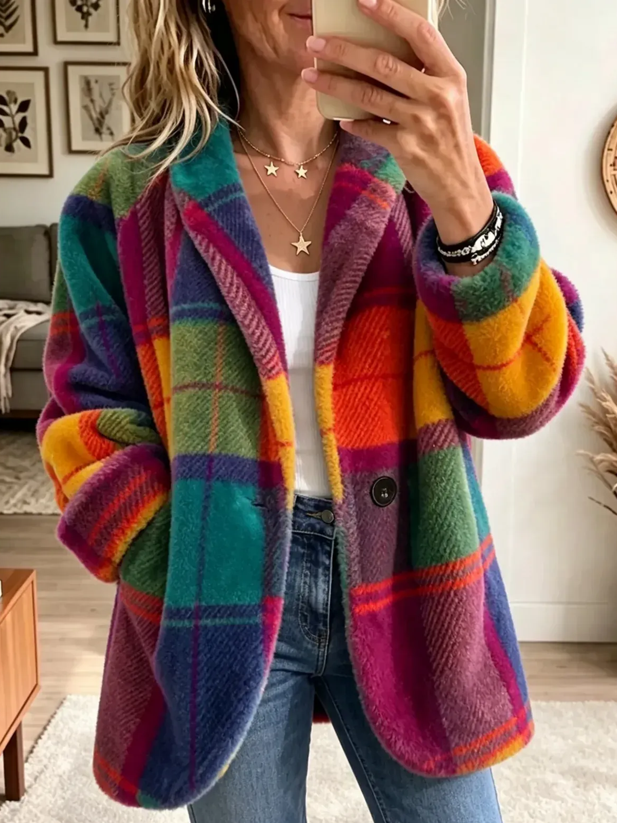 Flauschige Fleecejacke mit lebhaftem Karomuster